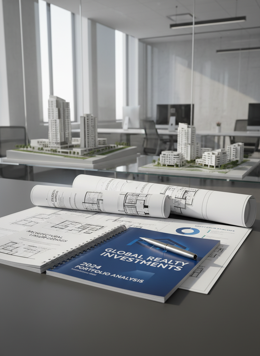 A carefully arranged portfolio of architectural blueprints, high-gloss printed investment reports, and a silver metal pen resting neatly on a matte charcoal desk surface. The scene is set in a contemporary office suite adorned with clear glass partitions and shelves featuring scale models of modern residential buildings. Soft, diffuse daylight filters through expansive windows, casting subtle highlights on the paper edges and creating gentle, elongated shadows. The composition is clean and structured, utilizing a centered focal point and balanced layout. The mood is professional and aspirational, emphasizing clarity, trust, and expert organization. The photographic style features sharp focus throughout with neutral tones and minimalist elements, perfectly tailored to convey a trustworthy, corporate real estate investment platform.