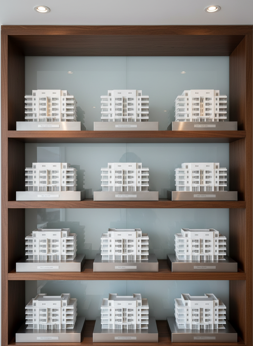 A row of miniature, high-detail contemporary apartment building models crafted from smooth white resin with brushed metal bases, displayed methodically on an elegant wood shelving unit. The background features a frosted glass wall, with strategic ceiling downlights emitting soft, even illumination across the scene and creating crisp, controlled shadows beneath each model. The camera captures the display at an eye-level angle, using the rule of thirds for balanced visual interest. The mood is refined and sophisticated, invoking both innovation and confidence. The photographic realism and clean, corporate aesthetic align seamlessly with a professional real estate investment brand.